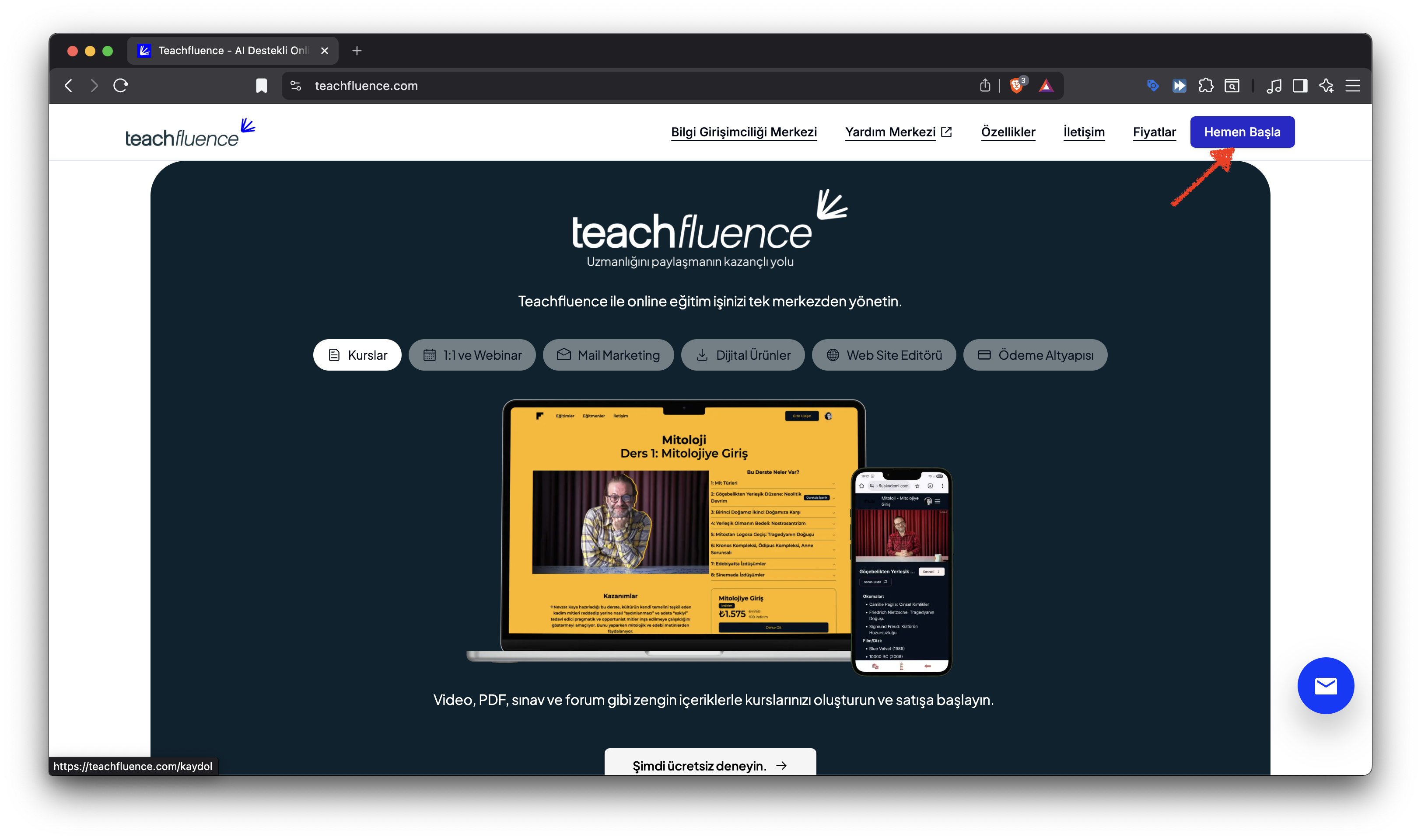 Teachfluence ana sayfası — 'Hemen Başla' butonuyla başlangıç ekranı