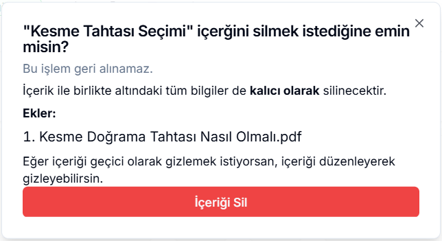 Belge silme onayı — '"Kesme Tahtası Seçimi" içeriğini silmek istediğine emin misin?' uyarısı, ekler listesinde PDF ve kırmızı 'İçeriği Sil' butonu