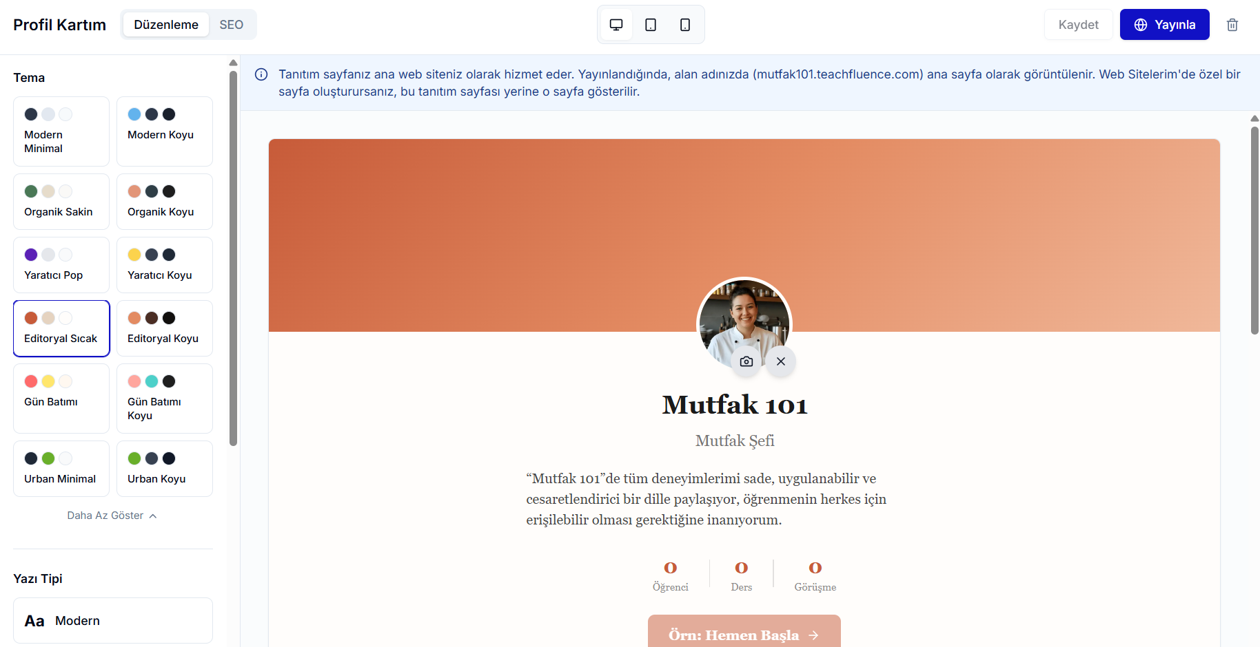 Profil Kartım editör arayüzü — sol panelde renk teması ve yazı tipi seçicileri, sağda 'Mutfak 101 / Mutfak Şefi' önizleme ile Yayınla butonu