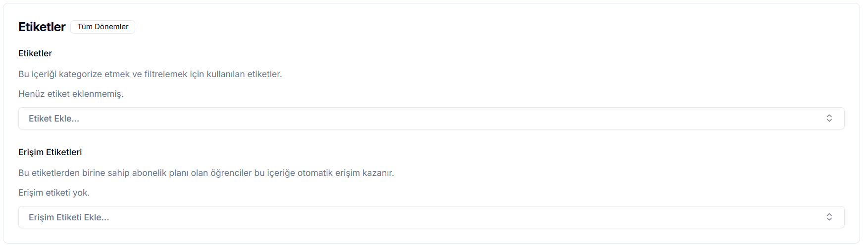 Etiketler kartı — 'Etiketler' bölümünde 'Henüz etiket eklenmemiş' ve 'Etiket Ekle' açılır seçici; 'Erişim Etiketleri' bölümünde 'Erişim etiketi yok' ve 'Erişim Etiketi Ekle' açılır seçici