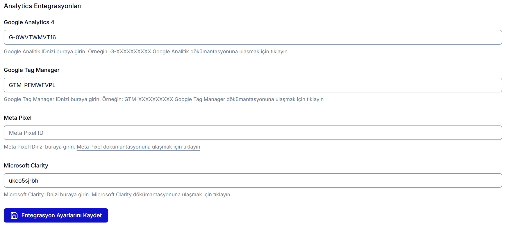 Teachfluence Analitik Entegrasyonları — Microsoft Clarity alanı ve 'Entegrasyon Ayarlarını Kaydet' butonu