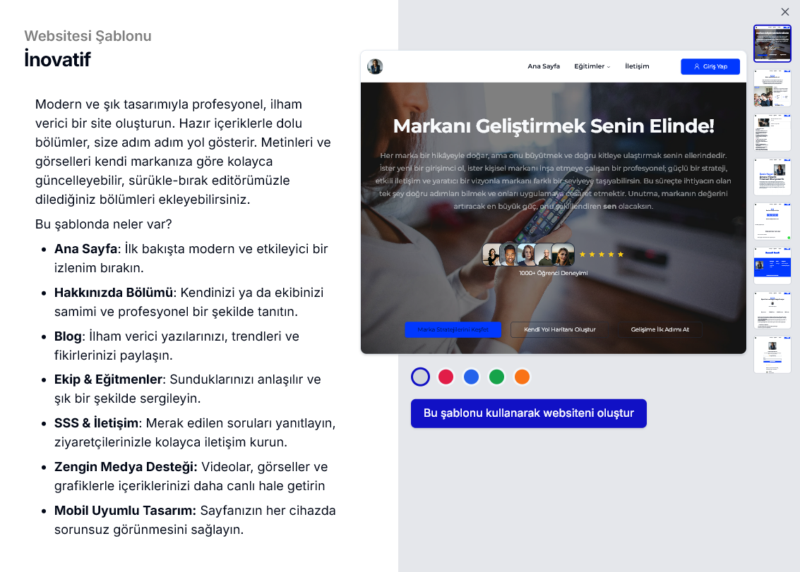 İnovatif şablon önizlemesi — sol panelde 'Modern ve şık tasarımıyla profesyonel, ilham verici bir site oluşturun' açıklaması ile özellikler listesi (Ana Sayfa, Hakkımda, Blog, Eğitimler, SSS, Zengin Medya Desteği, Mobil Uyumlu Tasarım), sağda 'Markanı Geliştirmek Senin Elinde!' hero görselli önizleme ve mavi 'Bu şablonu kullanarak websiteni oluştur' butonu