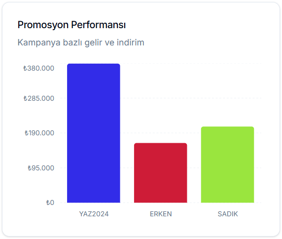 Promosyon Performansı dikey çubuk grafiği: YAZ2024 kampanyası ₺380.000 ile en yüksek, SADIK yaklaşık ₺200.000, ERKEN yaklaşık ₺160.000 gelir