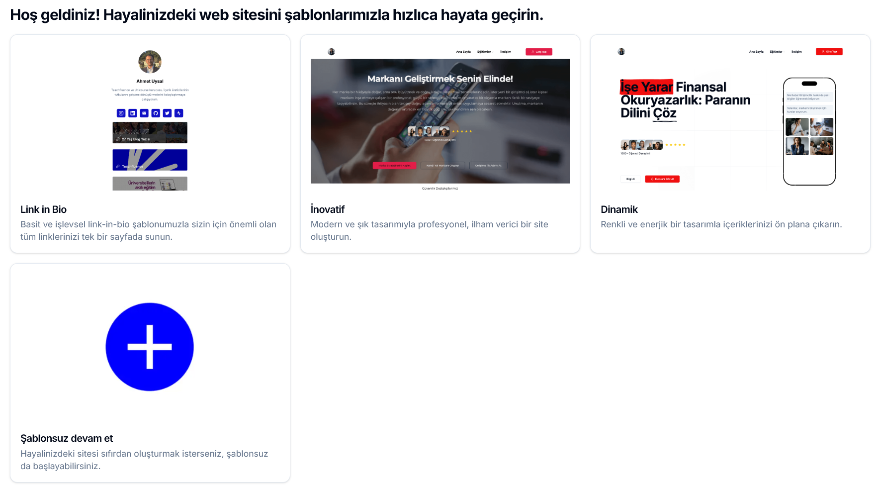 'Hoş geldiniz! Hayalinizdeki web sitesini şablonlarımızla hızlıca hayata geçirin' ekranı — Link in Bio, İnovatif, Dinamik şablon kartları ve mavi 'Şablonsuz devam et' seçeneği