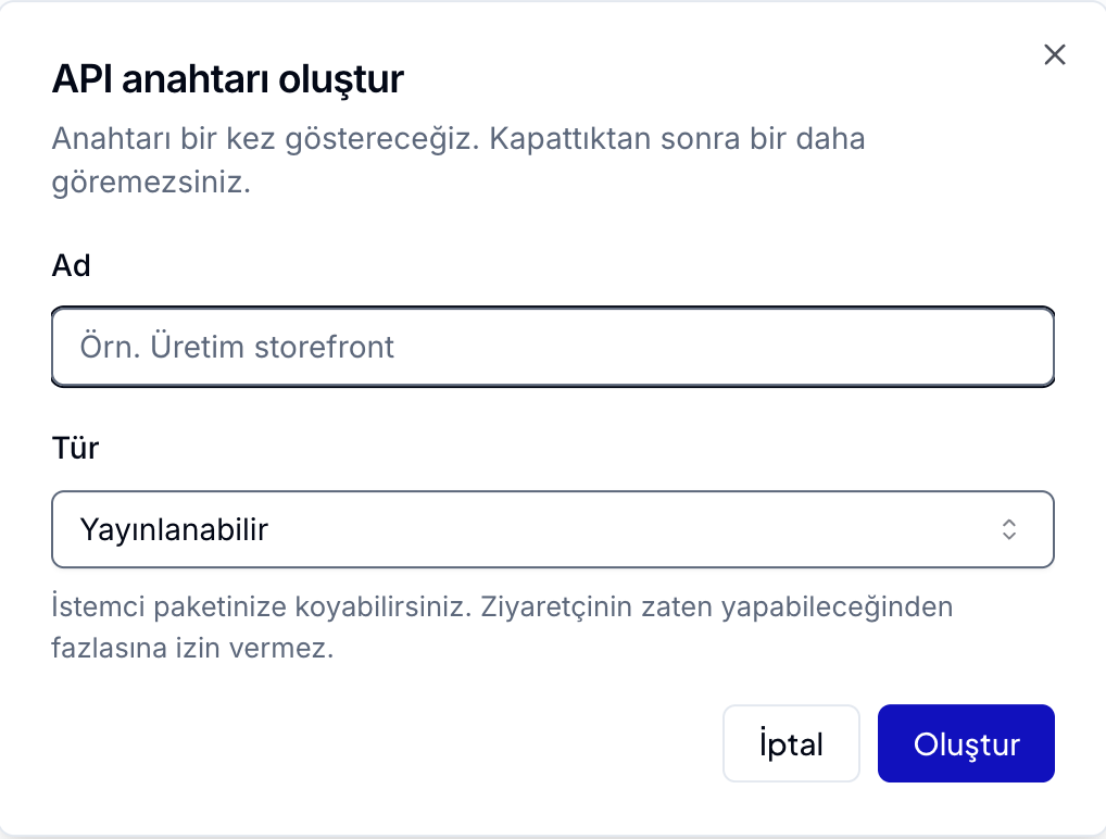 API anahtarı oluştur penceresi, Tür alanı Yayınlanabilir seçili