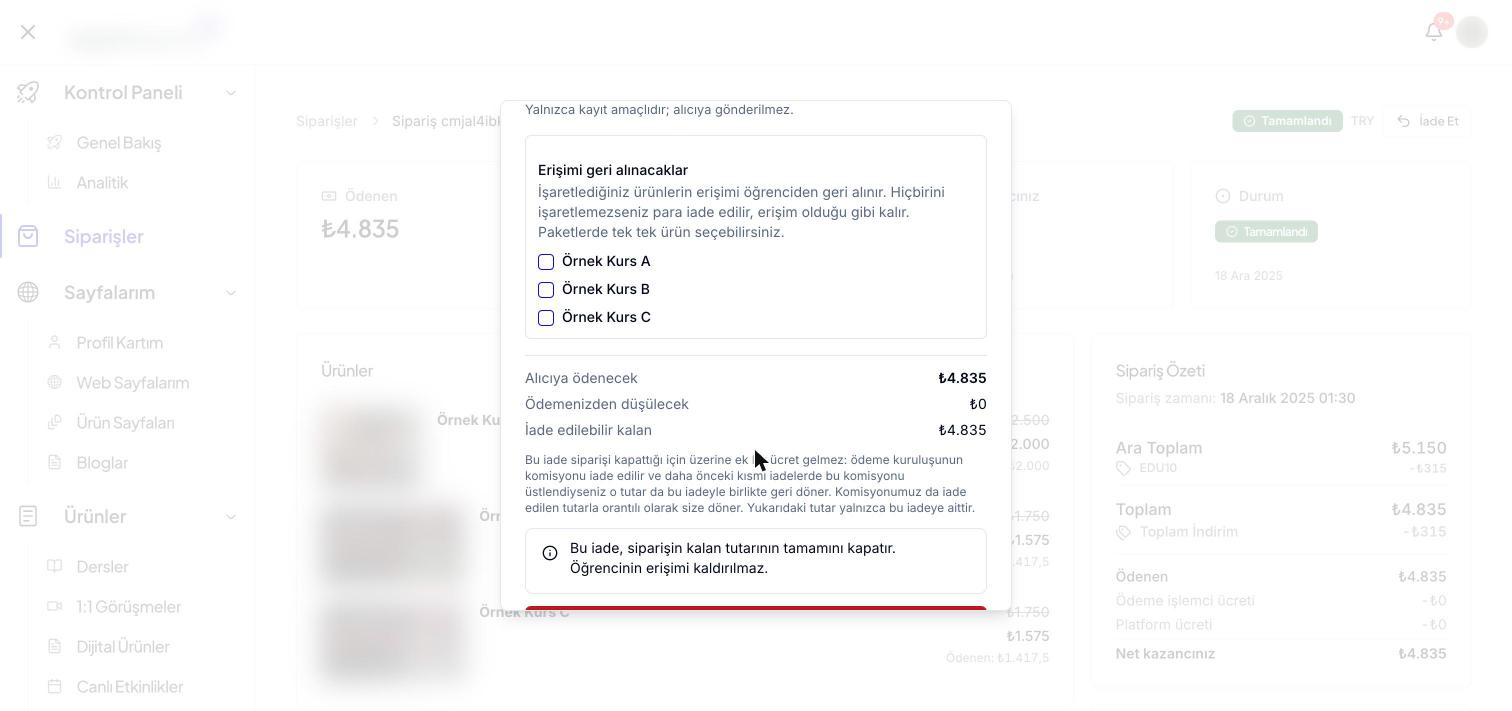 Tam iade seçildiğinde alıcıya ödenecek, ödemenizden düşülecek ve iade edilebilir kalan tutarlar