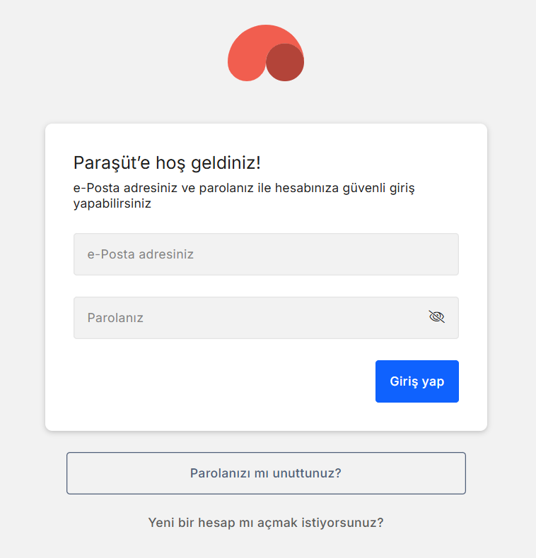 Paraşüt giriş ekranı — e-posta ve şifre alanları ile 'Giriş Yap' butonu