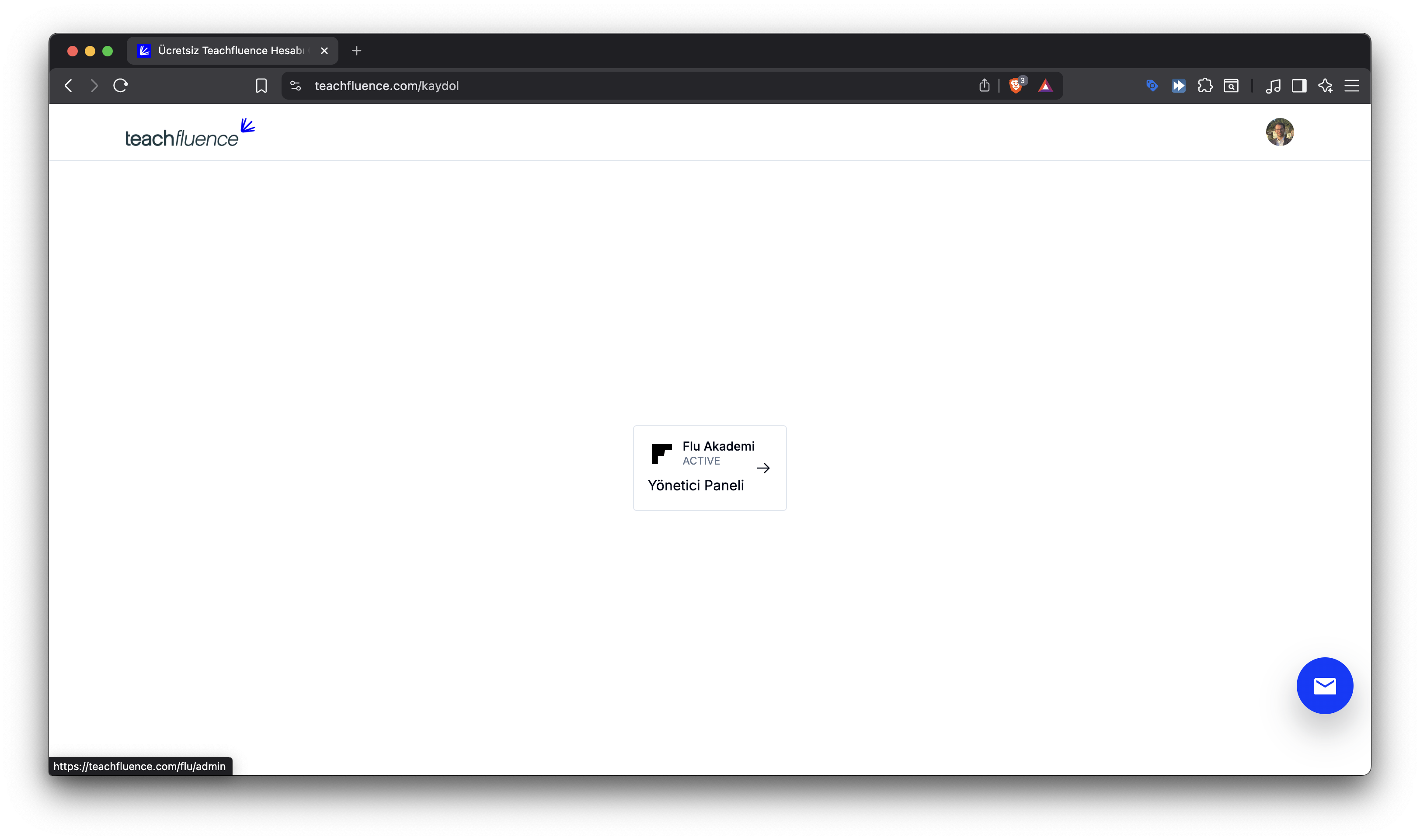 Teachfluence organizasyon paneli — giriş sonrası açılan ana ekran