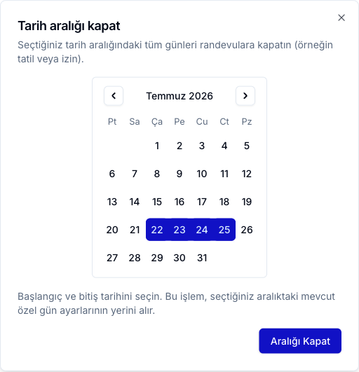 Tarih aralığı kapat penceresinde seçili bir tarih aralığı