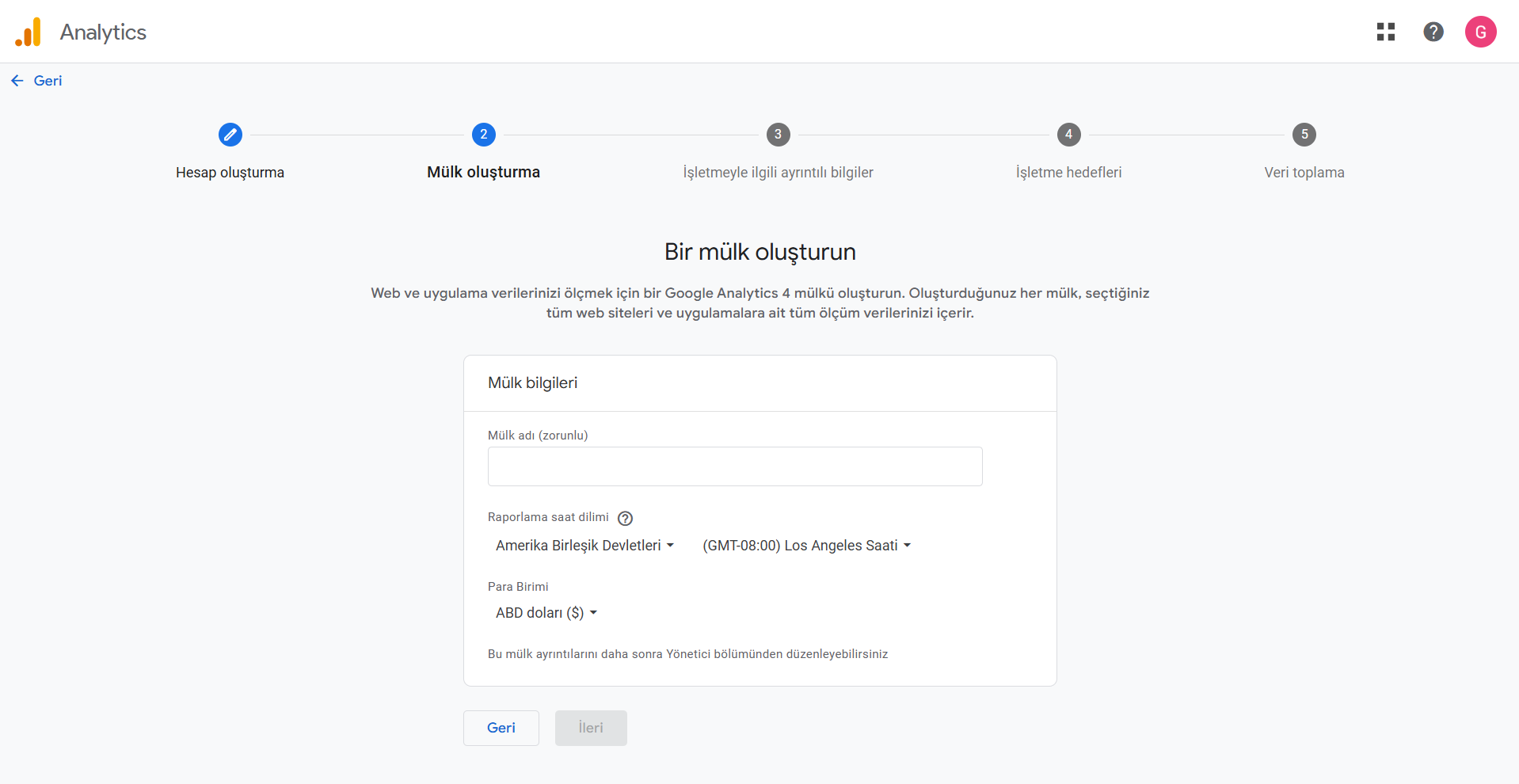 GA4 mülk oluşturma ekranı — Mülk Adı, Raporlama Saat Dilimi ve Para Birimi alanları