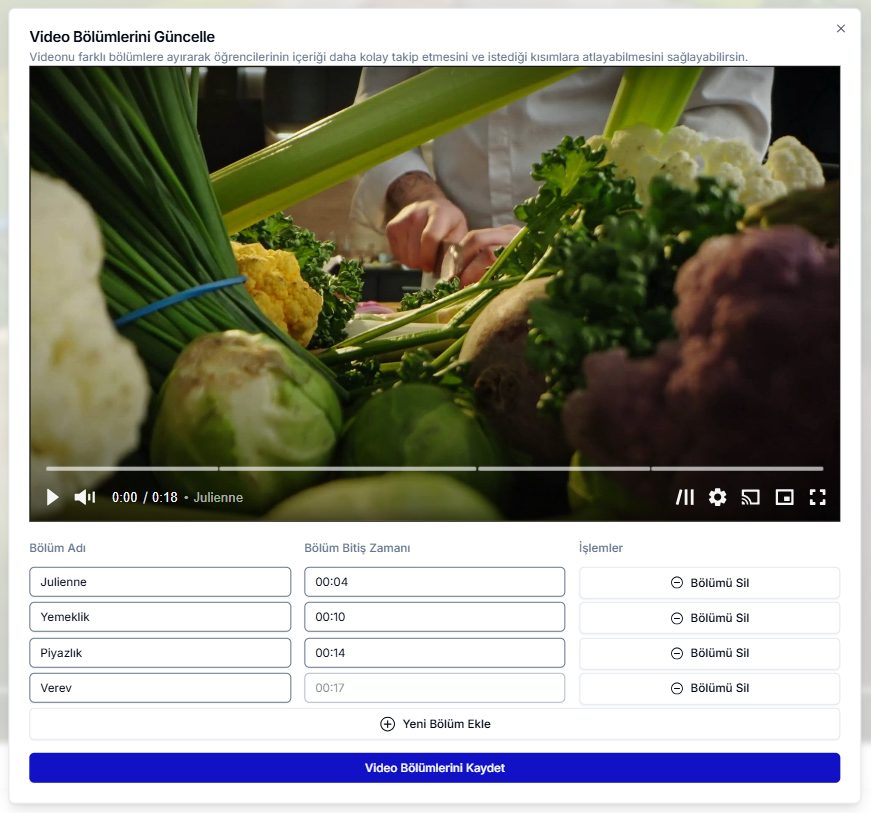 Video Bölümlerini Güncelle paneli — video önizlemesi, bölüm zaman damgaları ve etiketleri tablosu ile 'Video Bölümlerini Kaydet' butonu