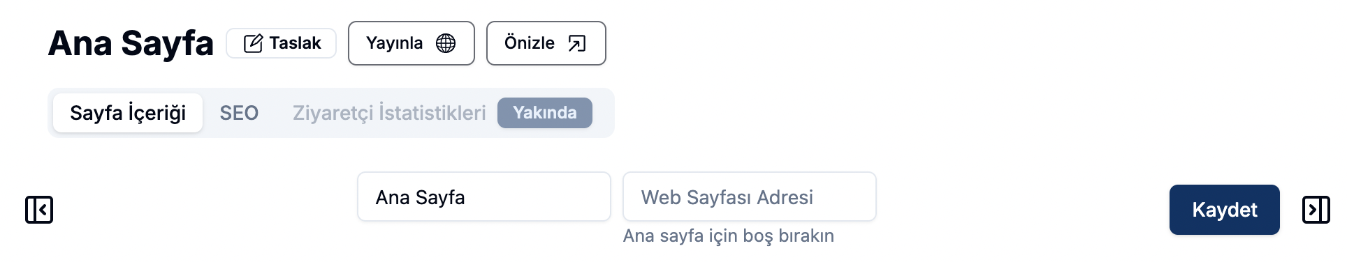 Sayfa üst paneli — 'Ana Sayfa' başlığı, 'Taslak' rozeti, 'Yayınla' ve 'Önizle' butonları, alt sekmeler 'Sayfa İçeriği', 'SEO', 'Ziyaretçi İstatistikleri (Yakında)', İçerik Adı/Web Sayfası Adresi alanları ve mavi 'Kaydet' butonu