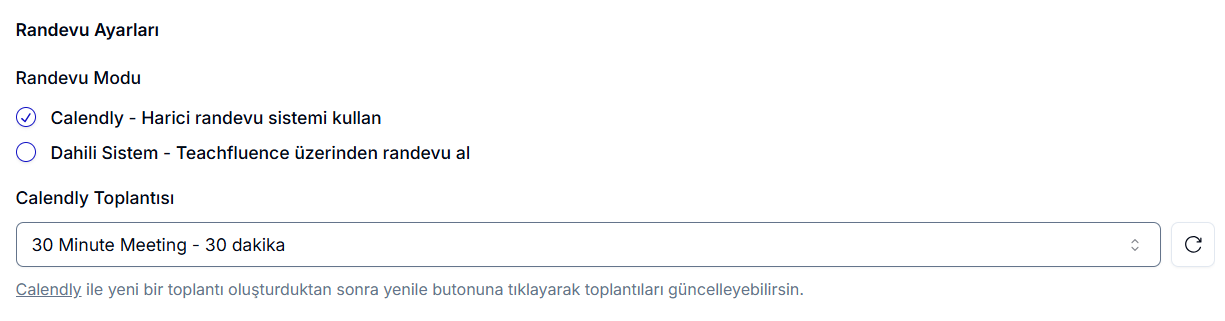 Calendly takvim seçimi — Calendly üzerinden oluşturulmuş toplantı tipini seçme paneli