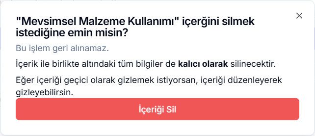 Forum silme onayı — '"Mevsimsel Malzeme Kullanımı" içeriğini silmek istediğine emin misin?' uyarısı ve kırmızı 'İçeriği Sil' butonu