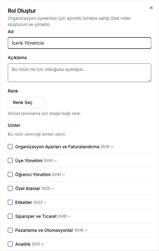 Rol Oluştur penceresi