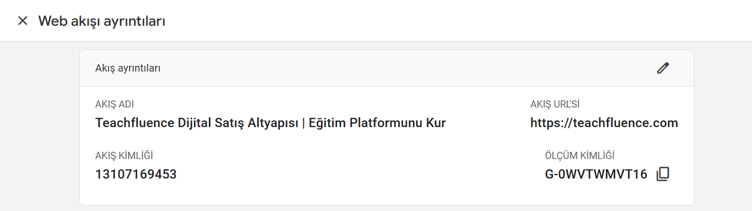 GA4 web akışı ayrıntıları — Akış adı, URL, kimlik ve Measurement ID (G-XXXXXXXXXX)