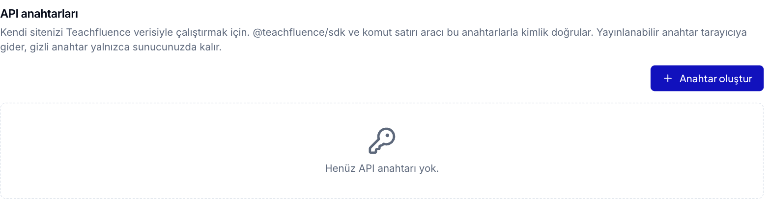 API anahtarları bölümü, Anahtar oluştur düğmesi ve henüz anahtar yok durumu