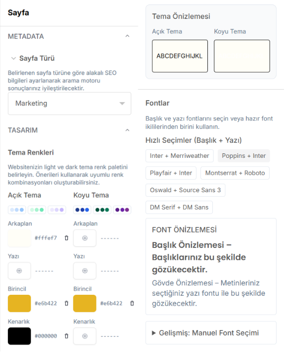 Sayfa Ayarları paneli — Sayfa Türü 'Marketing', Tema Renkleri Açık/Koyu Tema arkaplan/yazı/birincil/kenarlık renk seçicileri ve sağda Fontlar bölümünde Inter+Merriweather/Poppins/Playfair gibi hızlı seçim çipleri ve font önizlemesi