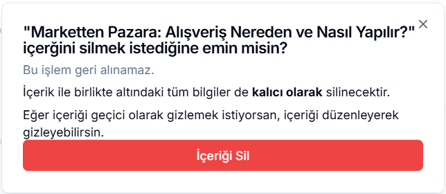 Embed silme onayı — '"Marketten Pazara: Alışveriş Nereden ve Nasıl Yapılır?" içeriğini silmek istediğine emin misin?' uyarısı ve kırmızı 'İçeriği Sil' butonu