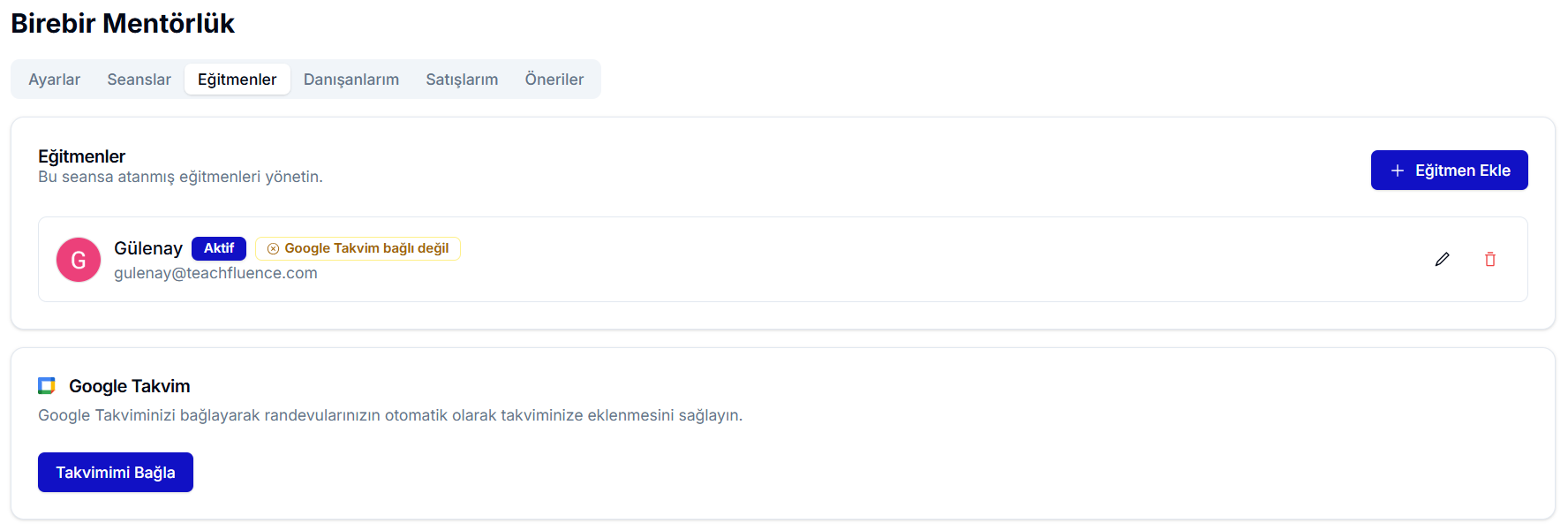Eğitmenler sekmesi — atanmış eğitmenlerin listesi ve her satırda 'Takvimimi Bağla' butonu
