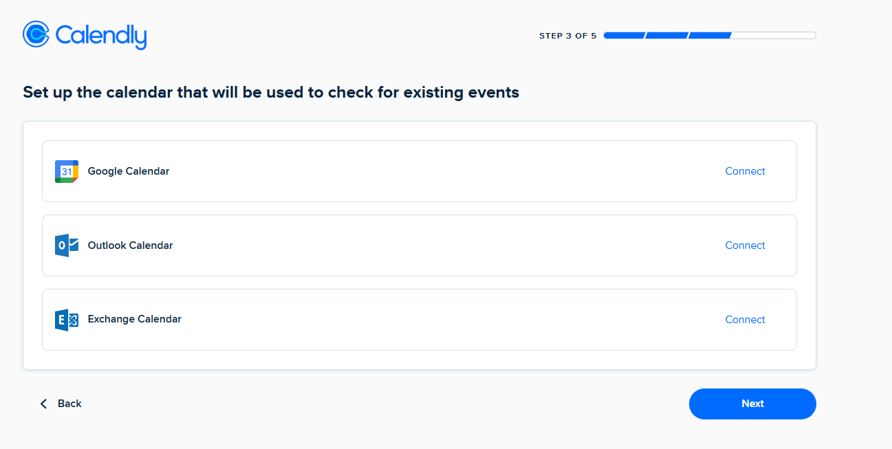 Calendly onboarding 3. adım — Google Calendar, Outlook Calendar ve Exchange Calendar senkronizasyon seçenekleri