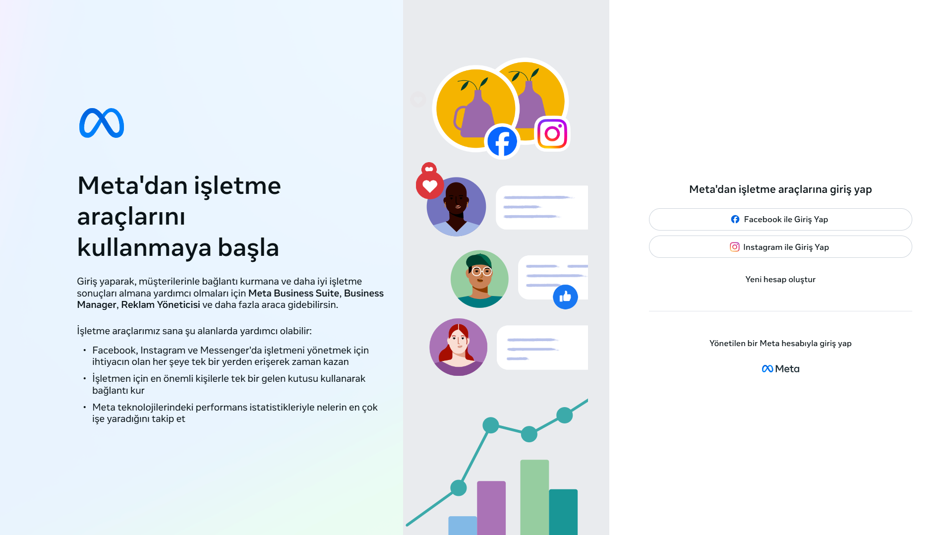 Meta Business Manager ana sayfası — Pixel oluşturma için giriş ekranı