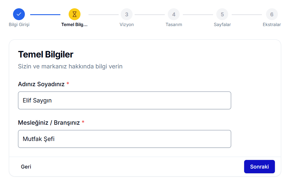 AI Manuel Giriş Adım 1 'Temel Bilgiler' — Adınız Soyadınız 'Elif Saygın', Mesleğiniz/Branşınız 'Mutfak Şefi' alanları ve mavi 'Sonraki' butonu