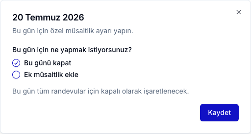 Bir güne özel pencerede Bu günü kapat ve Ek müsaitlik ekle seçenekleri