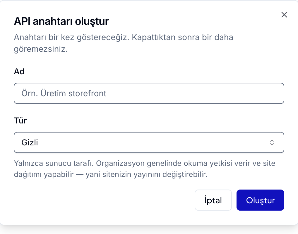 API anahtarı oluştur penceresi, Tür alanı Gizli seçili ve yetki açıklaması