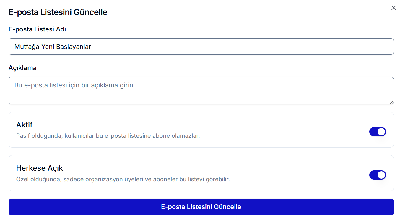 E-posta Listesini Güncelle paneli — liste adı, açıklama, durum ve görünürlük alanları, 'E-posta Listesini Güncelle' butonu