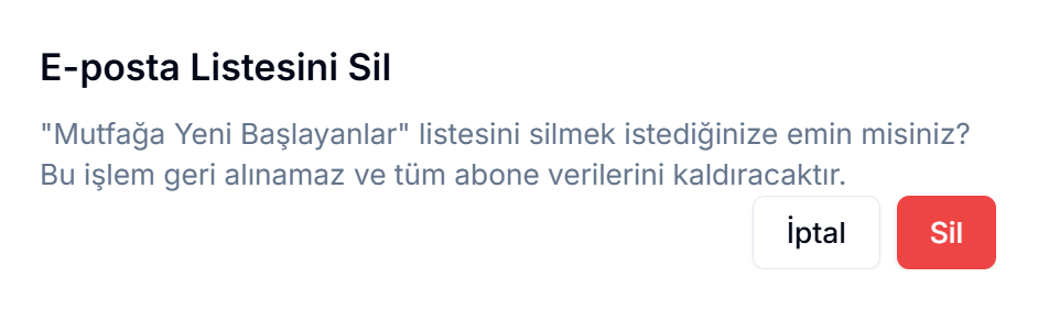 E-posta listesi silme onay diyaloğu — kırmızı 'Sil' butonu ile listenin kalıcı olarak kaldırılacağı uyarısı