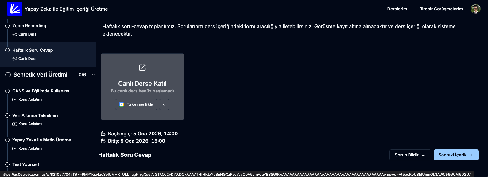Öğrenci canlı ders görünümü — başlangıç/bitiş bilgisi ve 'Canlı Derse Katıl' butonu