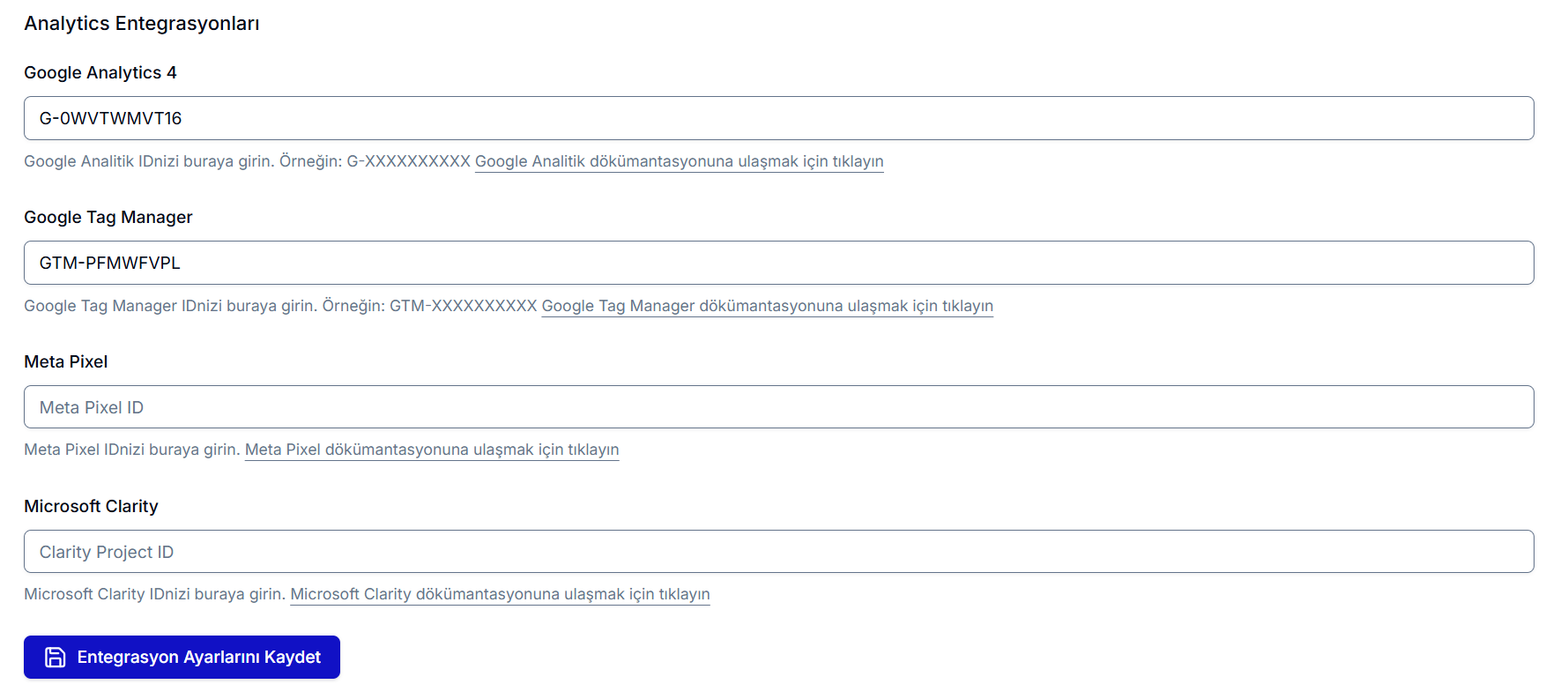 Teachfluence Analitik Entegrasyonları — Google Tag Manager alanı ve 'Entegrasyon Ayarlarını Kaydet' butonu