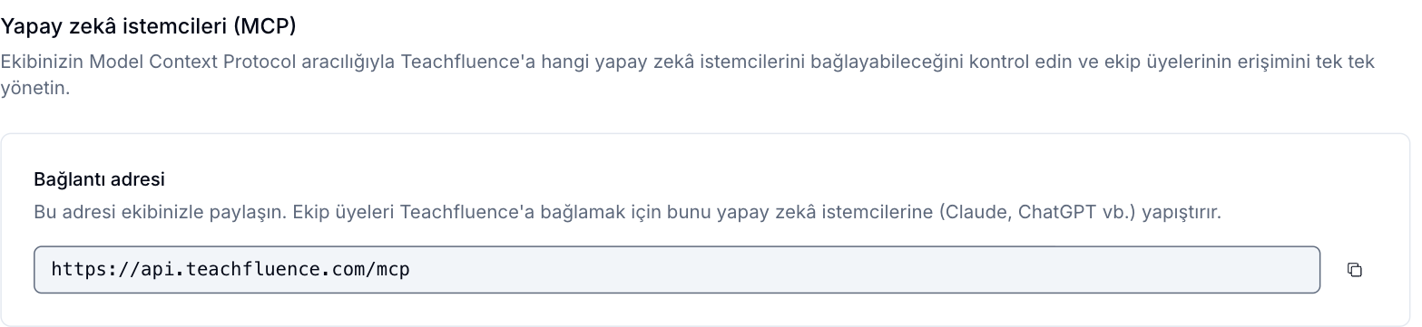 Yapay zekâ istemcileri (MCP) bölümü ve kopyalanabilir bağlantı adresi alanı