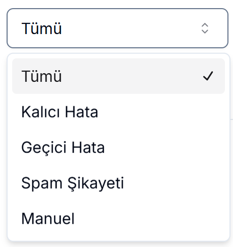 Global engelleme sebepleri menüsü — Kalıcı hata, Geçici hata, Spam şikayeti ve Manuel engelleme seçenekleri