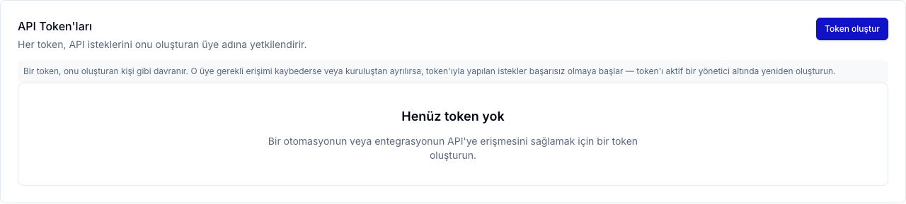 Ayarlar, Entegrasyonlar, Geliştirici ekranındaki API Token'ları kartı ve Token oluştur düğmesi