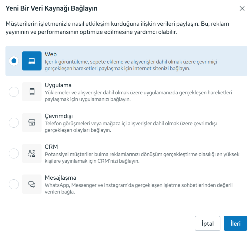 Meta veri bağlama ekranı — 'Veriyi Bağlayın' ve 'Web' platform seçimi