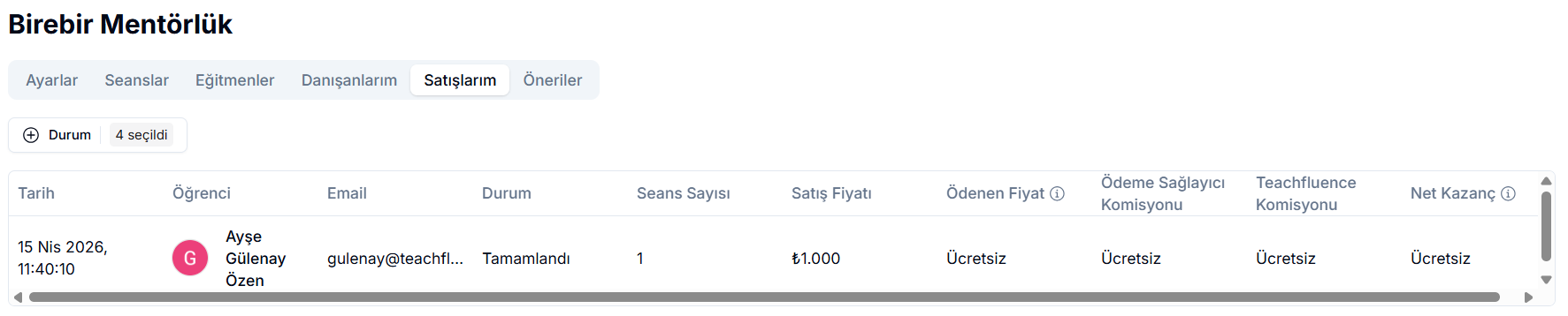 Satışlarım sekmesi — danışan, seans sayısı, satış fiyatı, ödenen fiyat, komisyon ve net kazanç sütunları