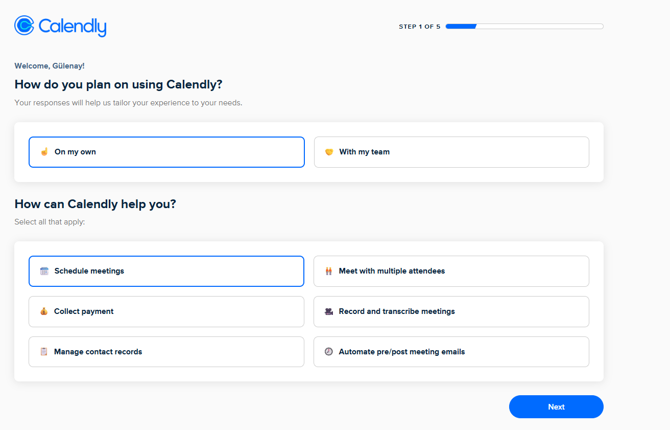 Calendly onboarding 1. adım — 'On my own' bireysel kullanım ve 'Schedule meetings' görüşme planlama seçenekleri