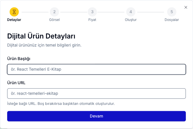 Dijital Ürün Detayları sihirbazının adımları