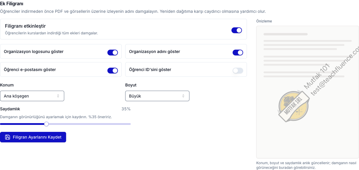 Ek Filigranı ayarı