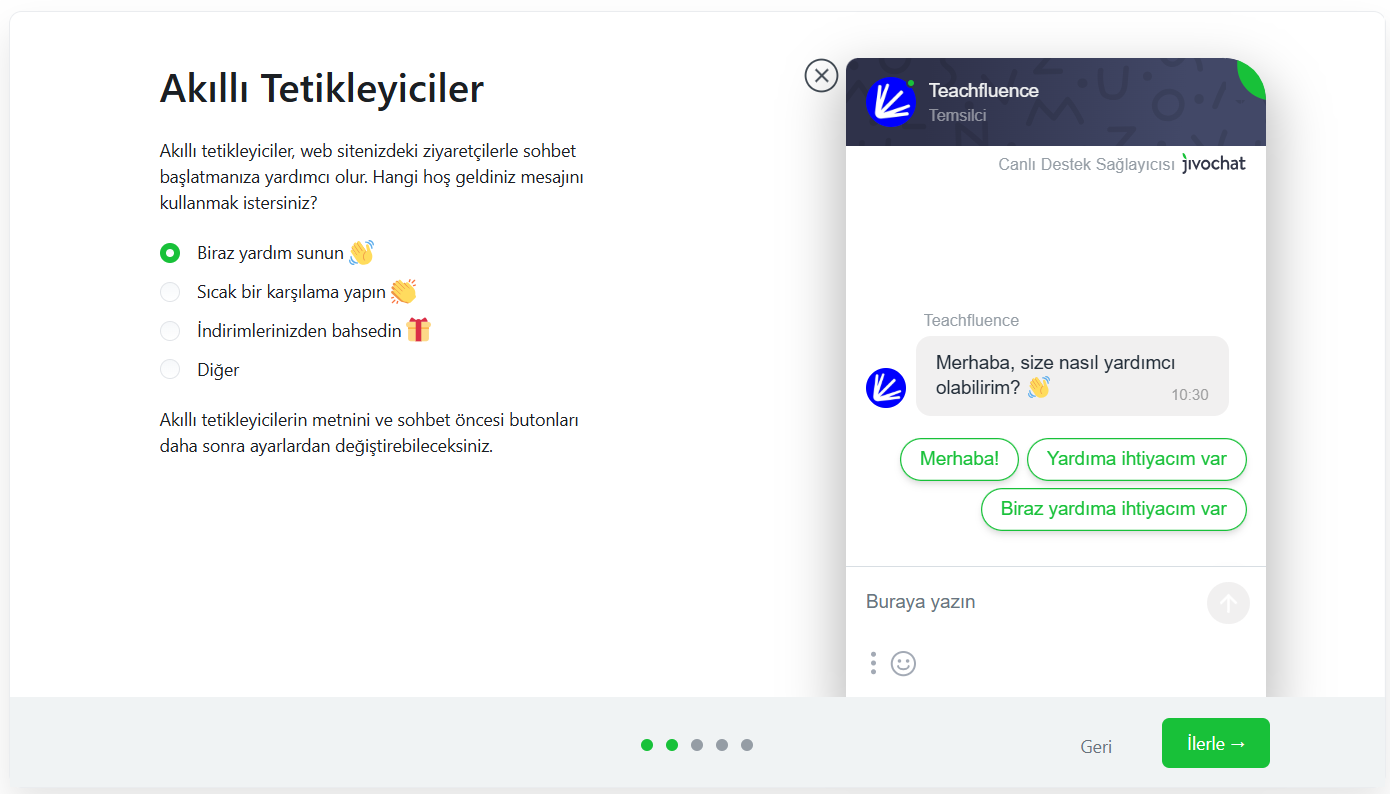 JivoChat akıllı tetikleyiciler — ilk mesaj belirleme alanı