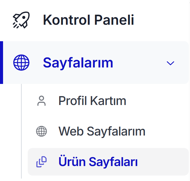 Teachfluence sol menü — Kontrol Paneli, Sayfalarım açık kategorisinde 'Ürün Sayfaları' vurgulu seçili; üstte Profil Kartım ve Web Sayfalarım