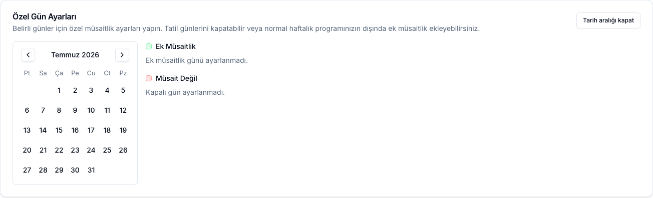 Özel Gün Ayarları bölümü ve takvim