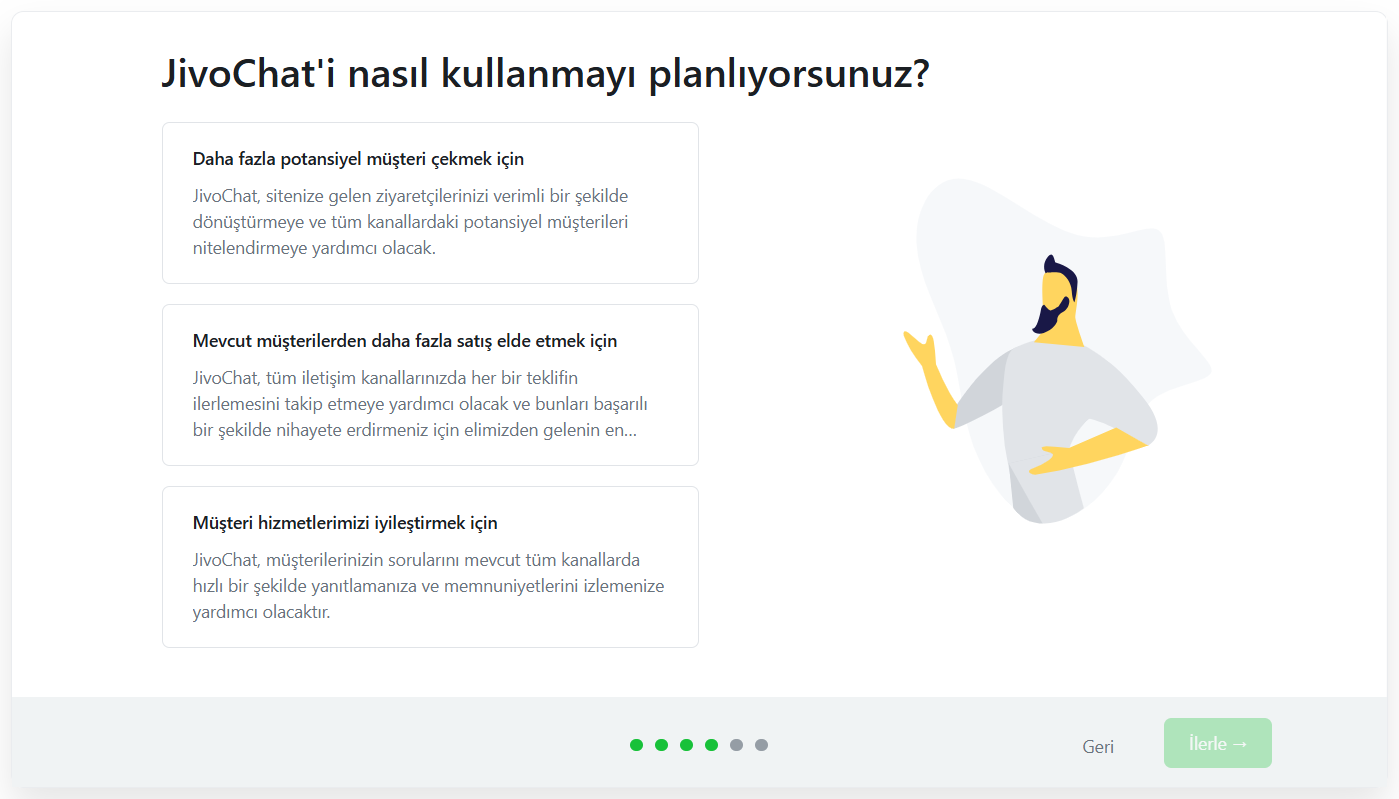 JivoChat kullanım amacı seçim ekranı — sektör/amaç kategorileri