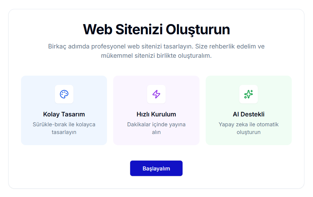Web Sitenizi Oluşturun başlangıç sayfası — Kolay Tasarım, Hızlı Kurulum ve AI Destekli kartları, mavi 'Başlayalım' butonu
