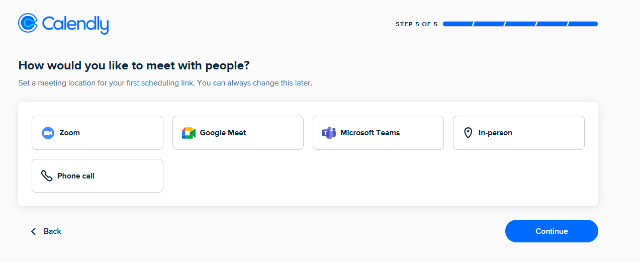 Calendly onboarding 5. adım — Zoom, Google Meet, Microsoft Teams, telefon ve yüz yüze görüşme platformu seçenekleri