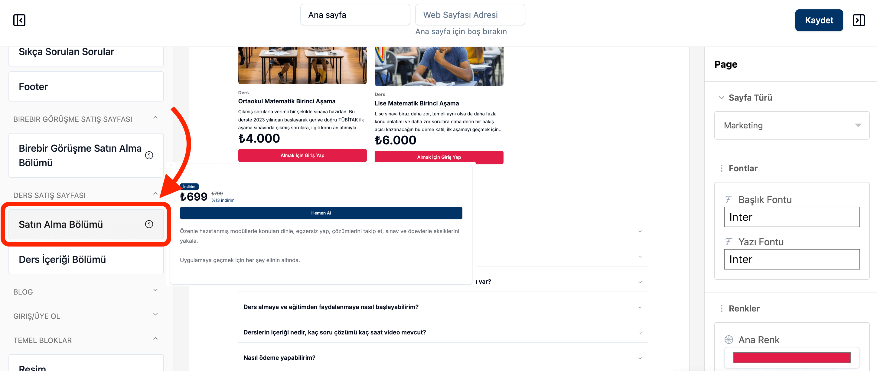 Web sayfası editörü — Bloklar panelinde Satın Alma Bölümü vurgulu kutu; sayfada Ortaokul/Lise kurs kartları ve indirimli ders satın alma butonu önizlemesi