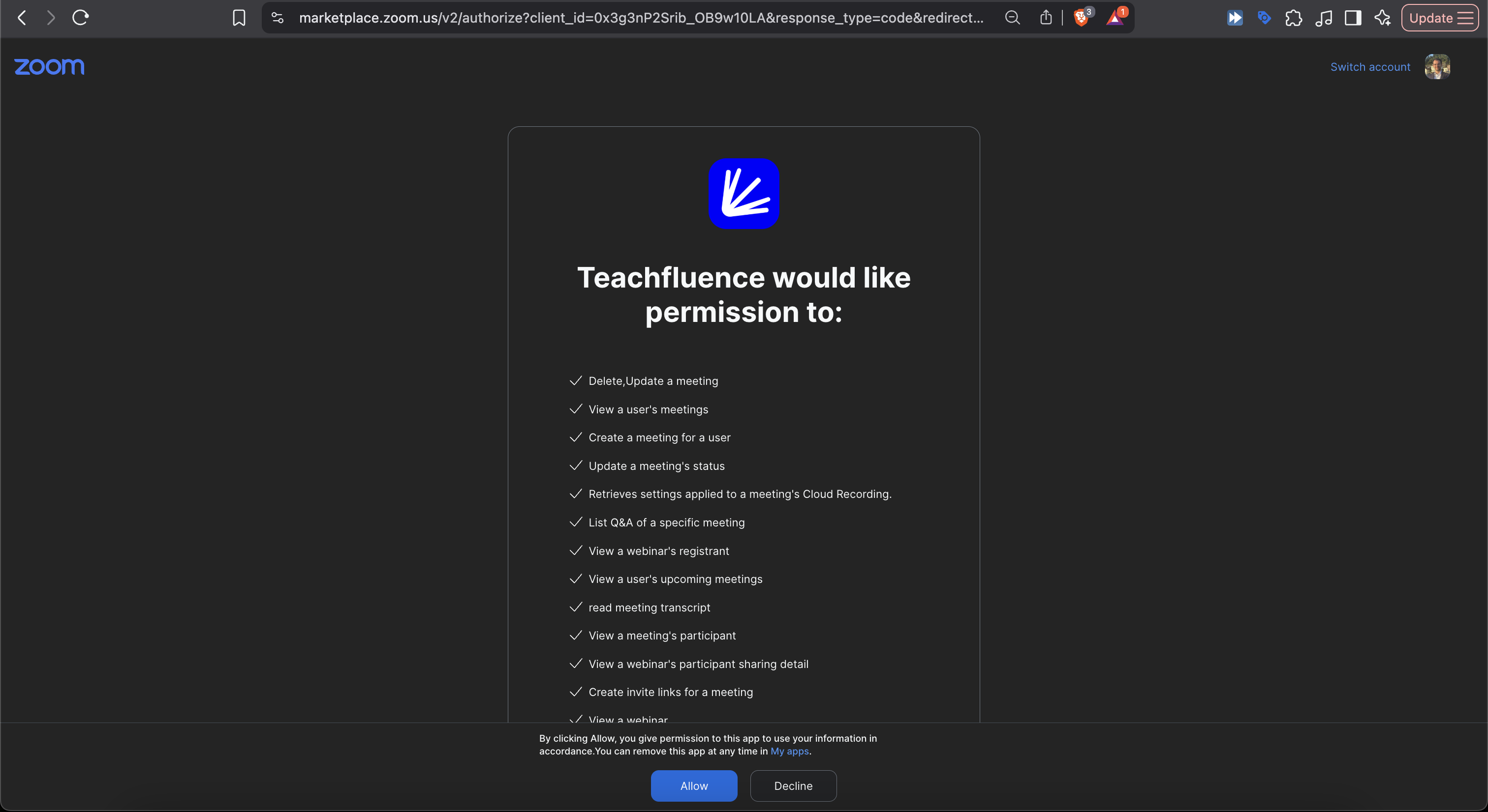 Zoom OAuth yetkilendirme onay sayfası — Teachfluence için istenen izinler ve mavi 'Allow' butonu