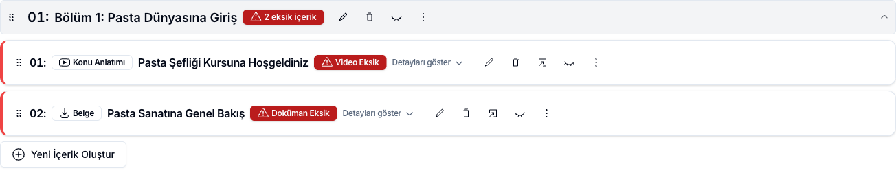Kurs içeriği düzenleyicisi ve Yeni İçerik Oluştur düğmesi